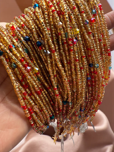 Saramani “Zuri Fire” Waist Beads – Gold with Red & Multicolor Accents | 44” Handmade Tie-On