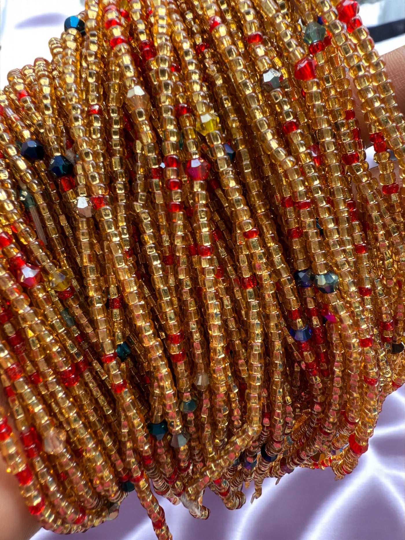 Saramani “Zuri Fire” Waist Beads – Gold with Red & Multicolor Accents | 44” Handmade Tie-On