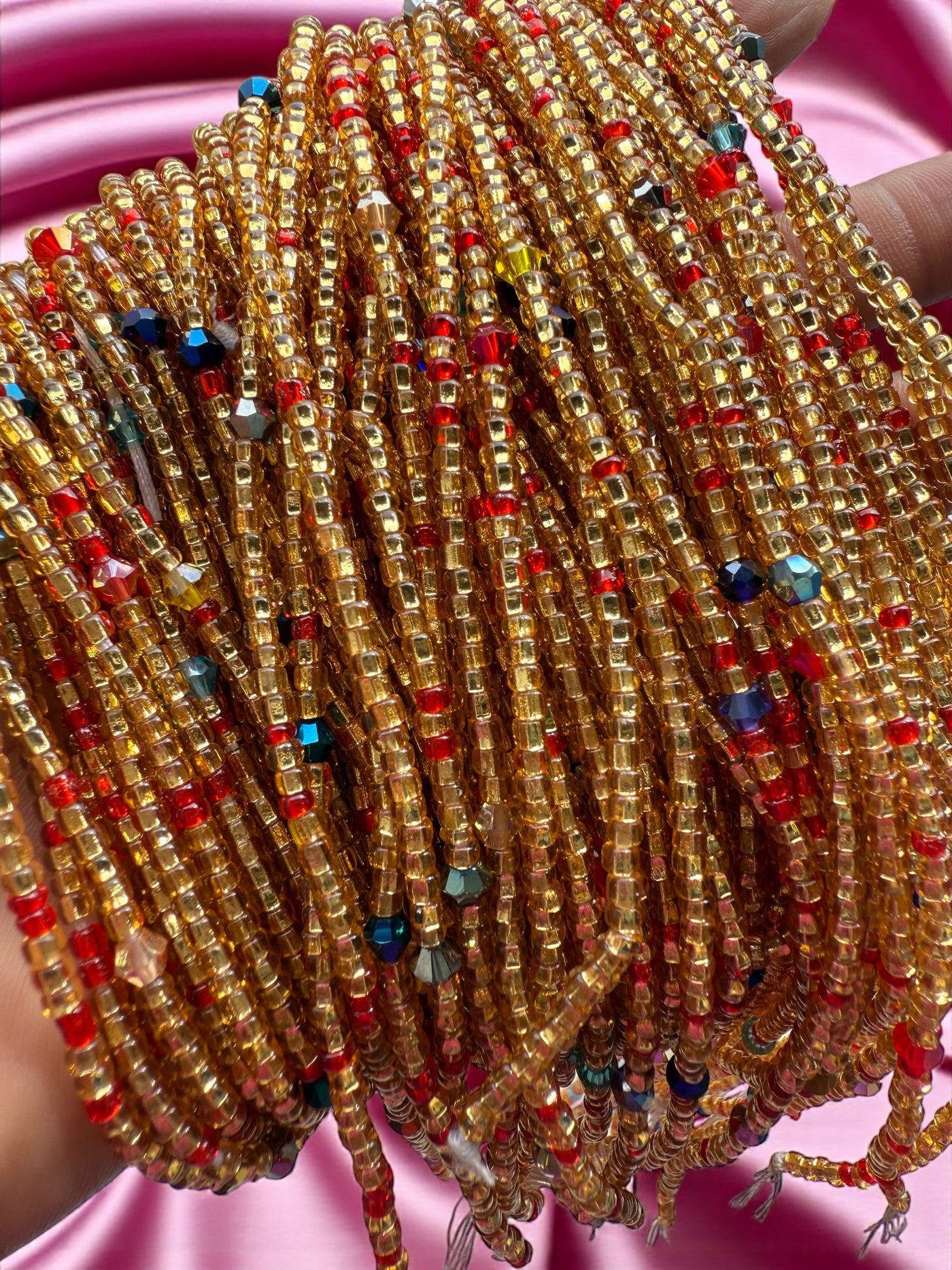 Saramani “Zuri Fire” Waist Beads – Gold with Red & Multicolor Accents | 44” Handmade Tie-On