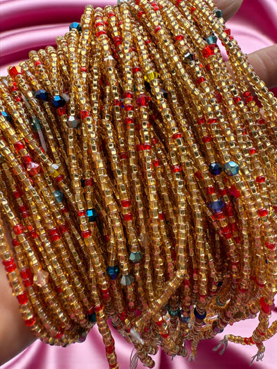 Saramani “Zuri Fire” Waist Beads – Gold with Red & Multicolor Accents | 44” Handmade Tie-On