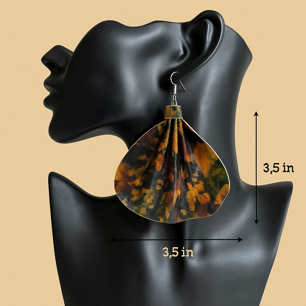 Saramani Earth Ember Leather Fan Earrings – Handmade from Recycled Leather, Burkina Faso