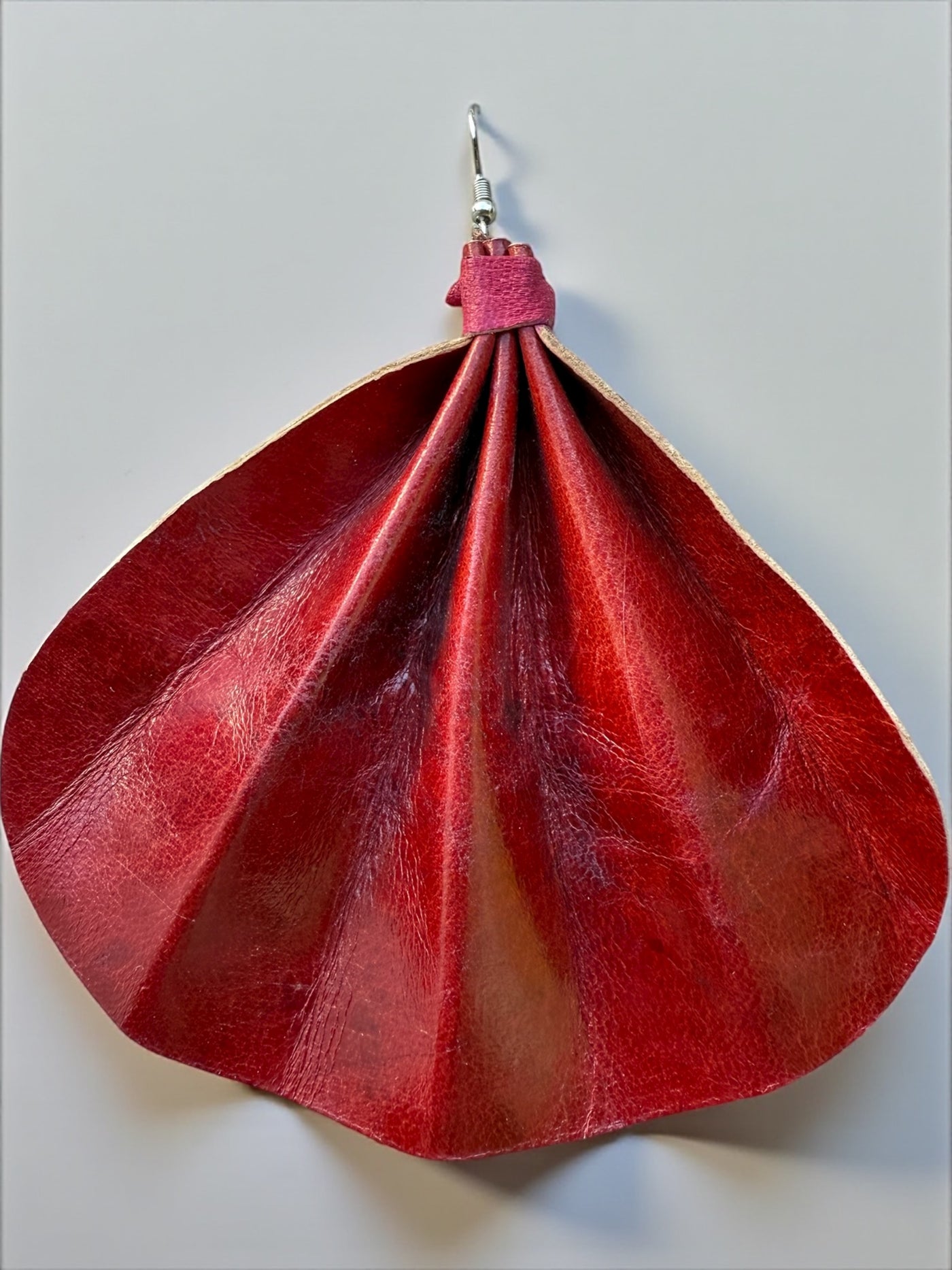 Saramani Crimson Flame Leather Fan Earrings – Handmade from Recycled Leather, Burkina Faso
