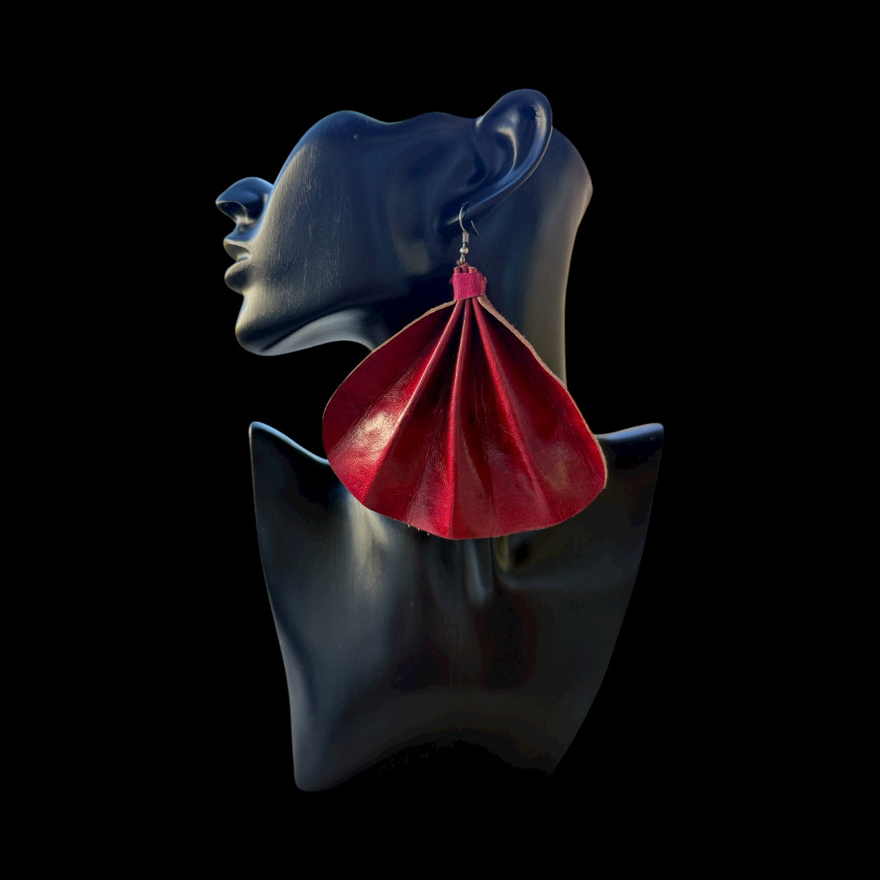 Saramani Crimson Flame Leather Fan Earrings – Handmade from Recycled Leather, Burkina Faso