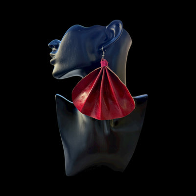 Saramani Crimson Flame Leather Fan Earrings – Handmade from Recycled Leather, Burkina Faso