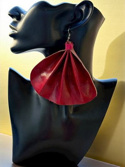 Saramani Crimson Flame Leather Fan Earrings – Handmade from Recycled Leather, Burkina Faso