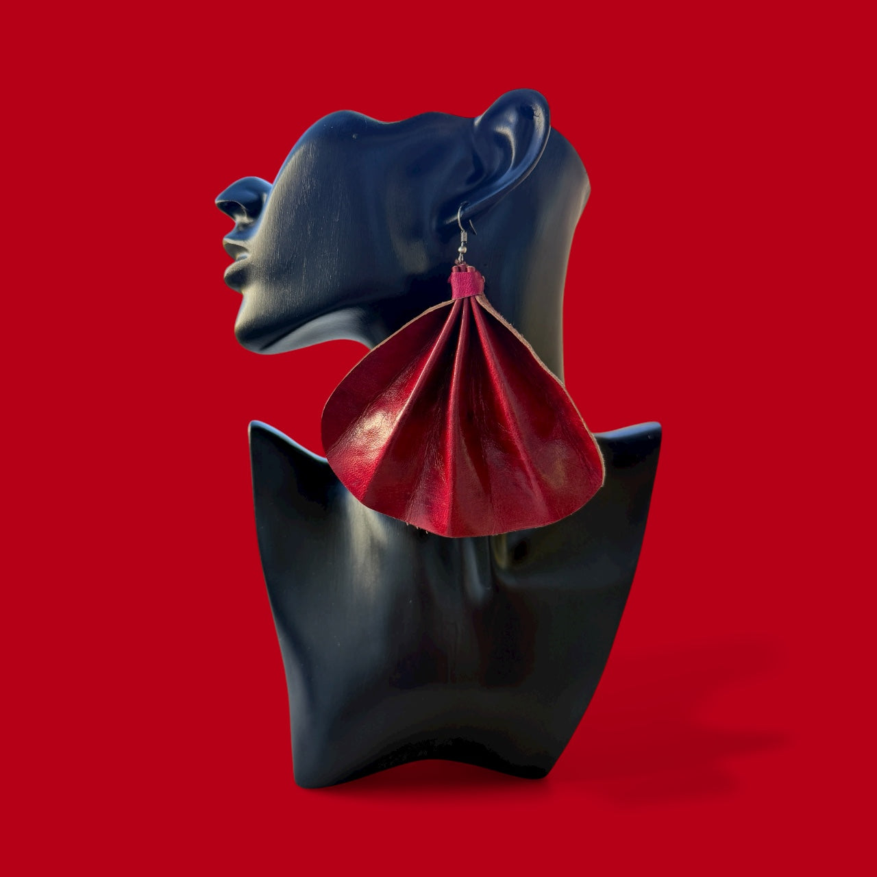 Saramani Crimson Flame Leather Fan Earrings – Handmade from Recycled Leather, Burkina Faso