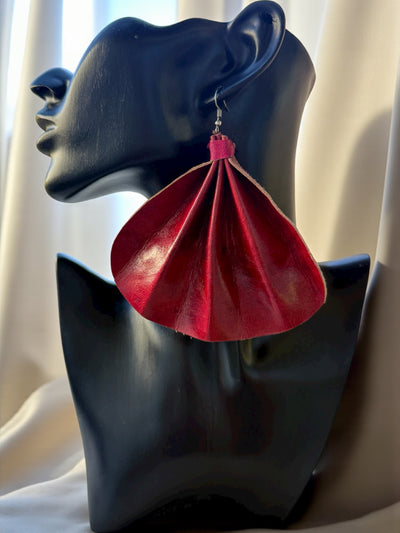 Saramani Crimson Flame Leather Fan Earrings – Handmade from Recycled Leather, Burkina Faso