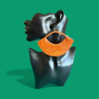 Sanaa Half-Moon Leather Earrings – Handcrafted Orange African Art Design