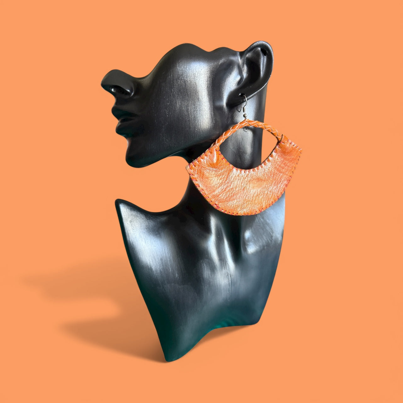 Sanaa Half-Moon Leather Earrings – Handcrafted Orange African Art Design