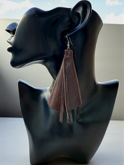Saramani Bandi Leather Fringe Earrings – Handmade in Burkina Faso (Chocolate Brown)
