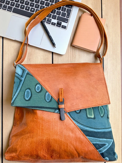 Indigo Bloom Leather Crossbody – Handmade Art Bag from Mali