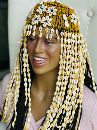 "Regal Reverie: Handmade Cleopatra-Inspired Cowrie Shells Head Piece - Embody African Royalty from Mali" (Wholesale)