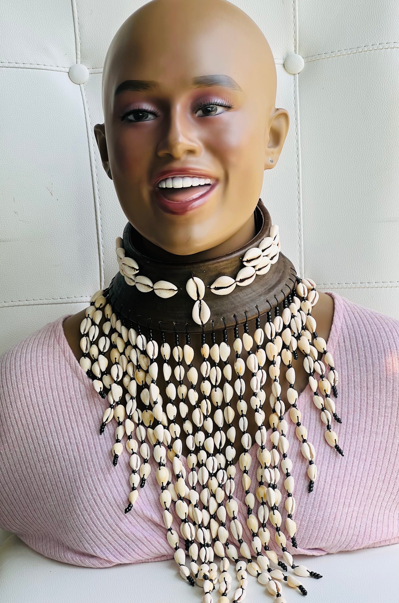African Handcrafted Cowrie Shells & Leather Choker with Adjustable Buttons
