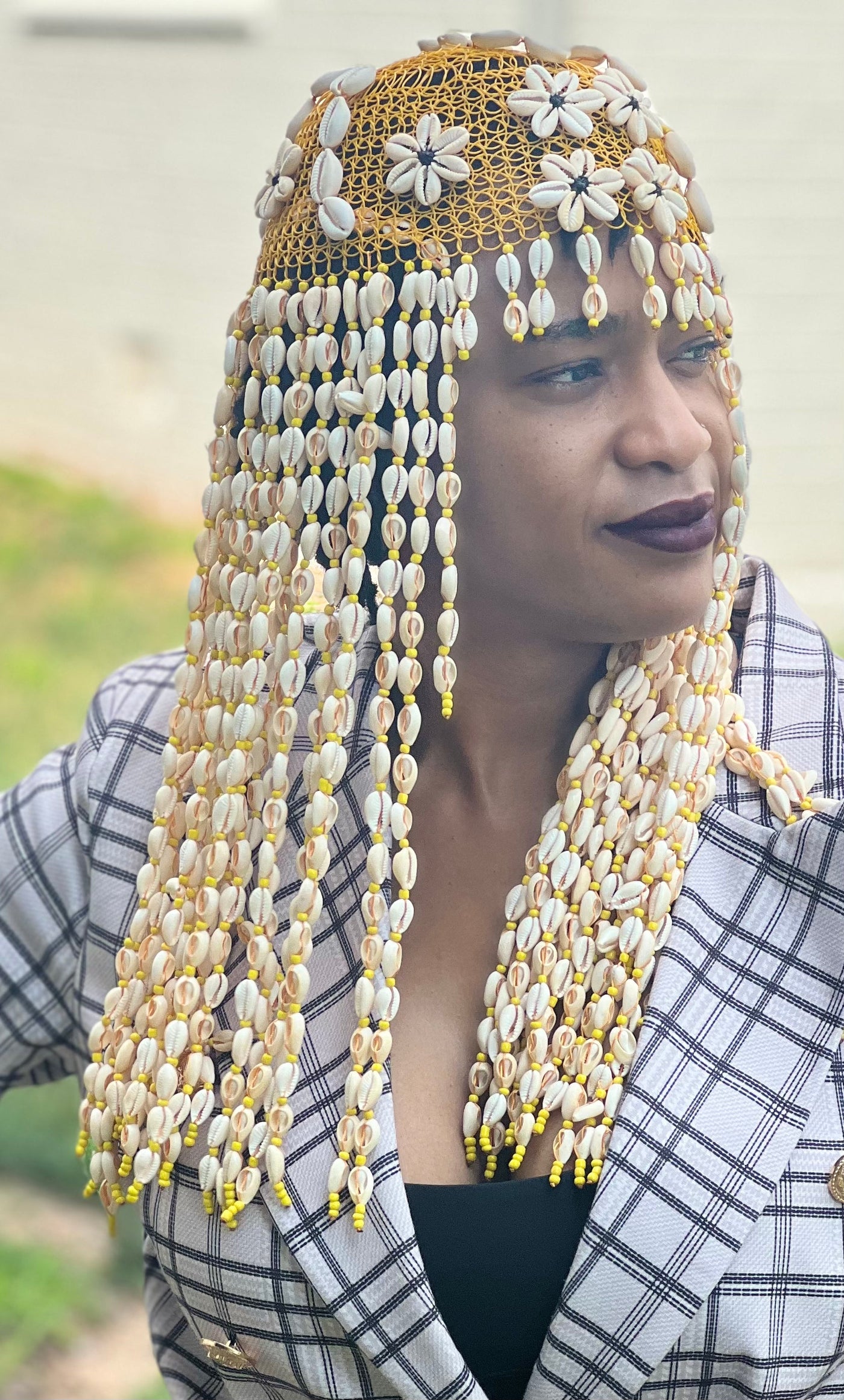 "Regal Reverie: Handmade Cleopatra-Inspired Cowrie Shells Head Piece - Embody African Royalty from Mali" (Wholesale)