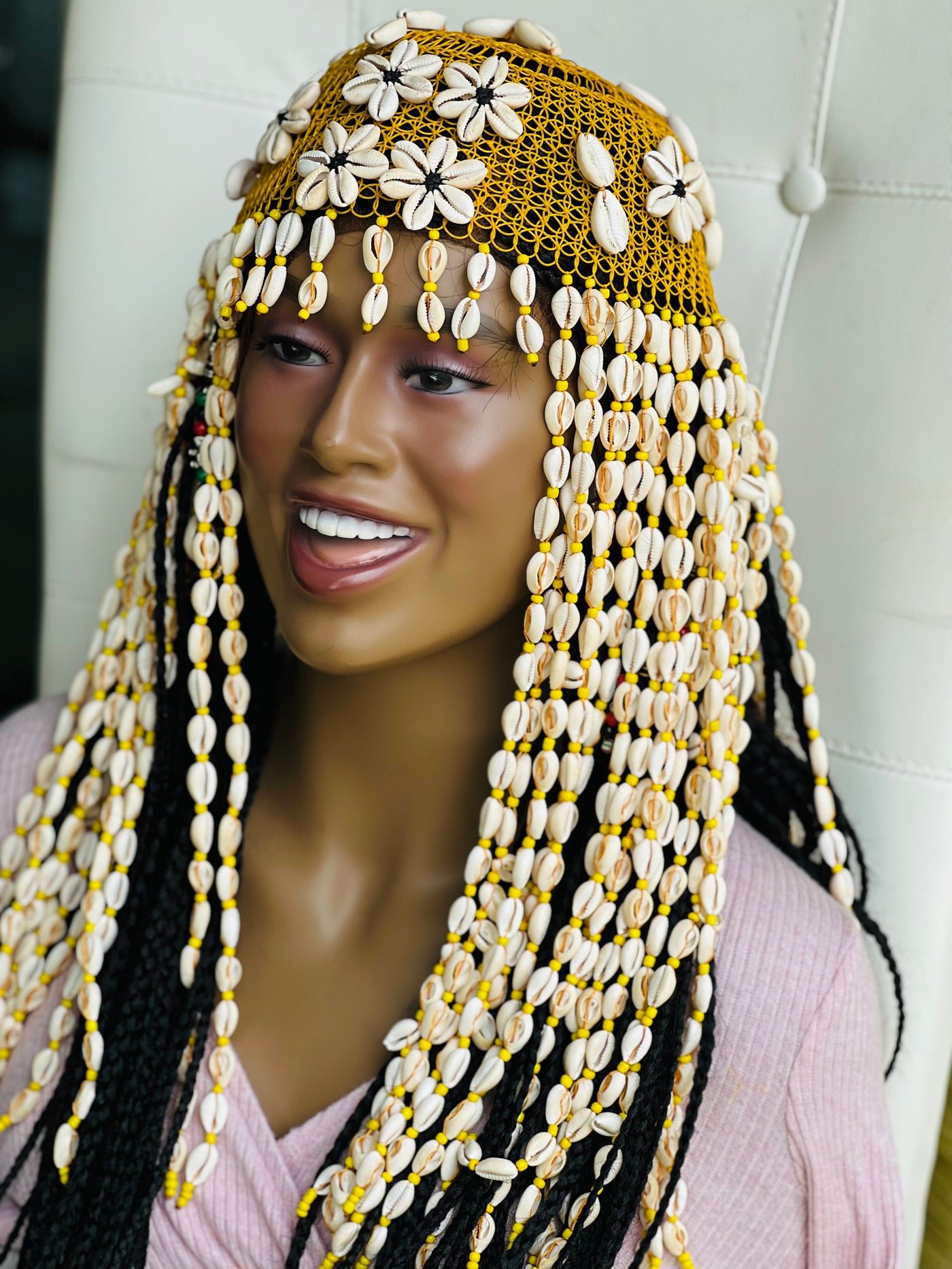 "Regal Reverie: Handmade Cleopatra-Inspired Cowrie Shells Head Piece - Embody African Royalty from Mali"