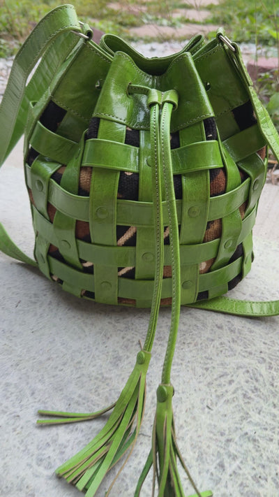 Green Waffle Weave Leather & Mudcloth Bucket Bag – Handmade in Mali