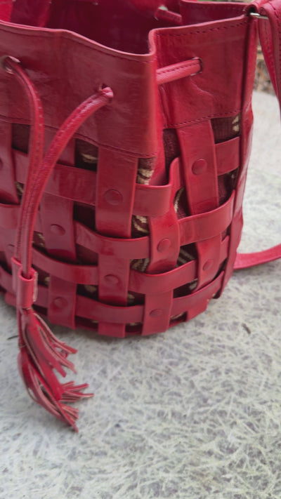 Red Waffle Weave Leather & Mudcloth Bucket Bag – Handmade in Mali