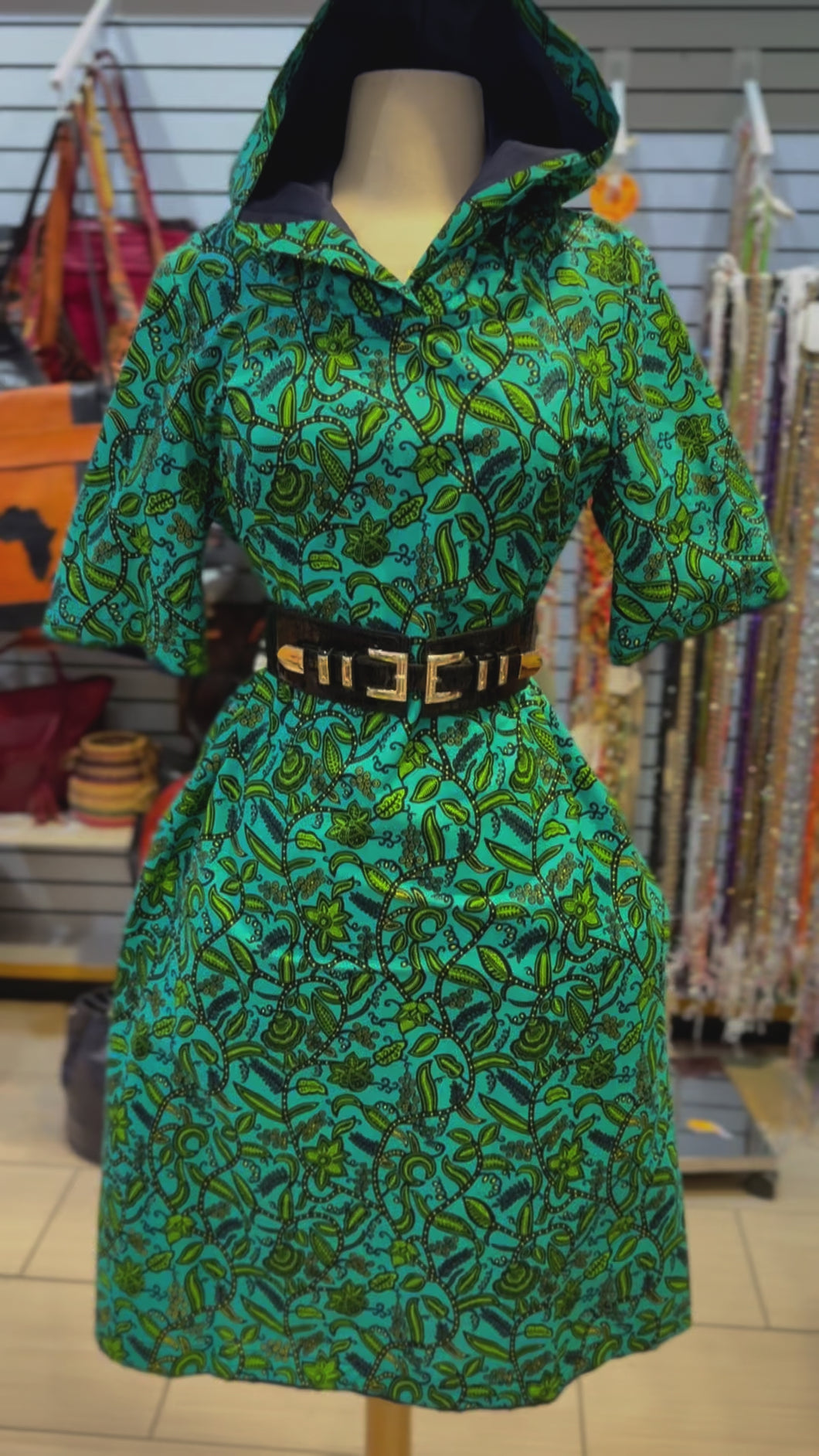 African Print Fabric Mini Dress With Hoodie M