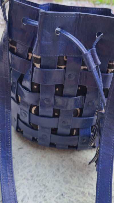 Blue Waffle Weave Leather & Mudcloth Bucket Bag – Handmade in Mali
