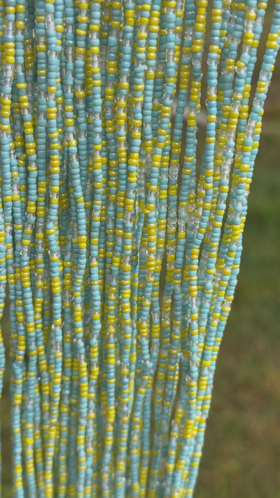 Saramani “Abeni Blessing” Waist Beads – Sky Blue, Yellow & Clear | 44” Handmade Tie-O