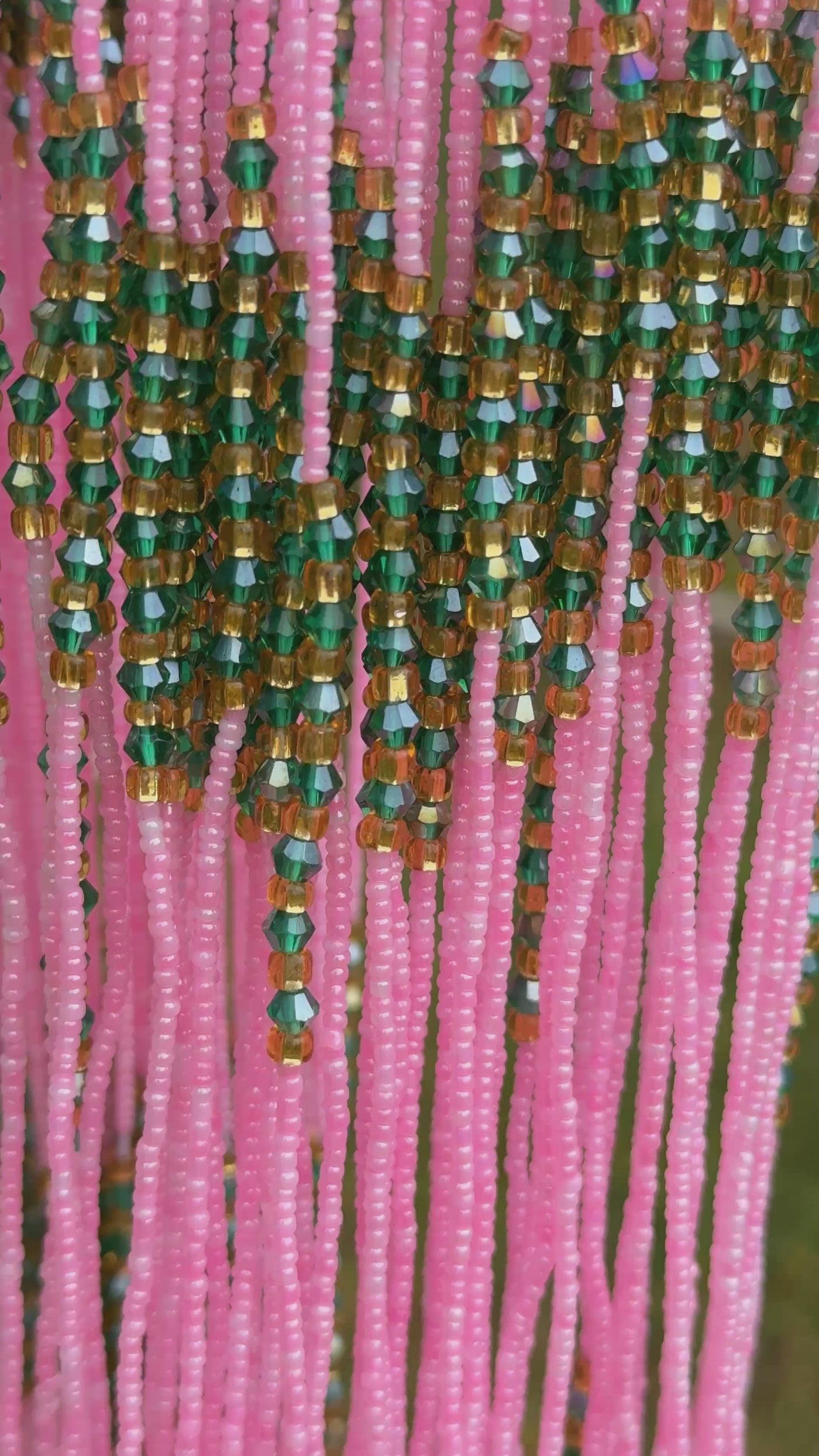 Saramani “Guardian Blossom” Waist Beads – Pink, Green & Gold | 44” Handmade Tie-On