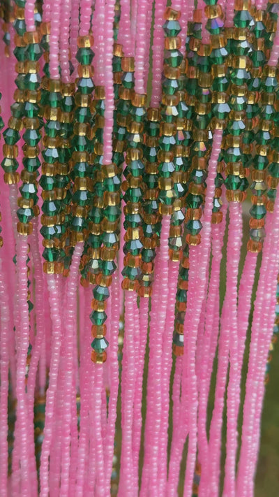 Saramani “Guardian Blossom” Waist Beads – Pink, Green & Gold | 44” Handmade Tie-On